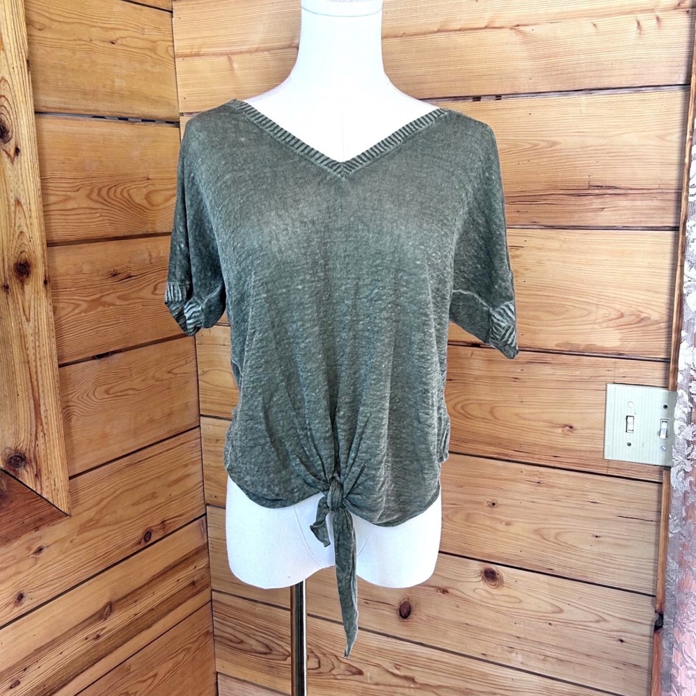 Linen Tencel Top Womens Small Olive Green Front Tie Knot Blouse Cloth & Stone